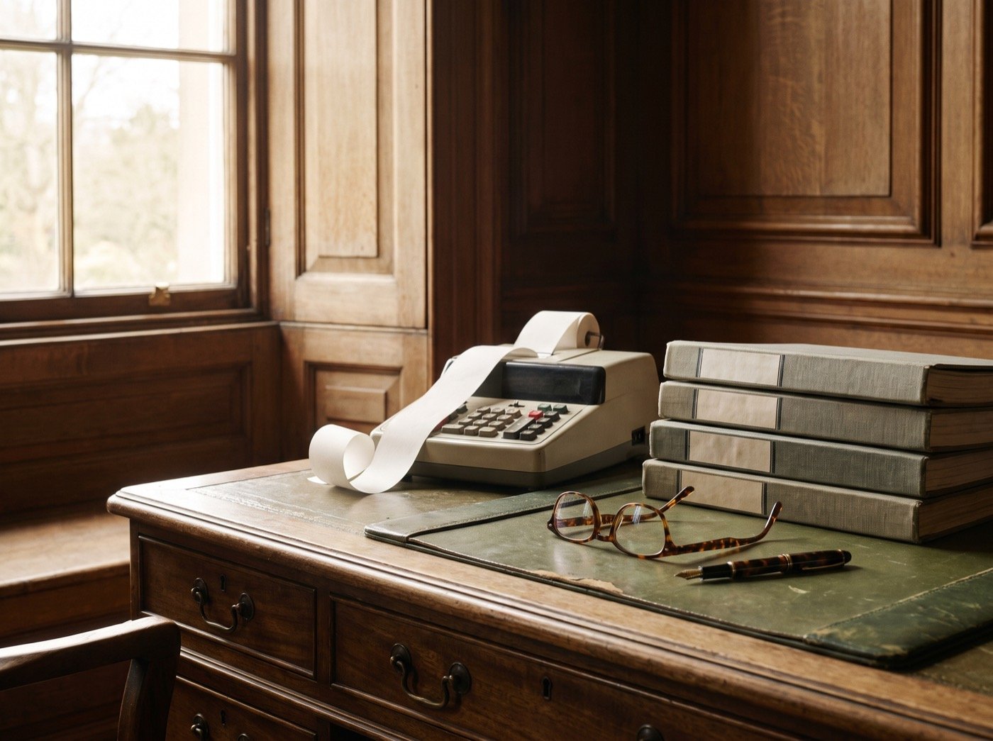Calculator, ledger binders and glasses on a leather desk blotter