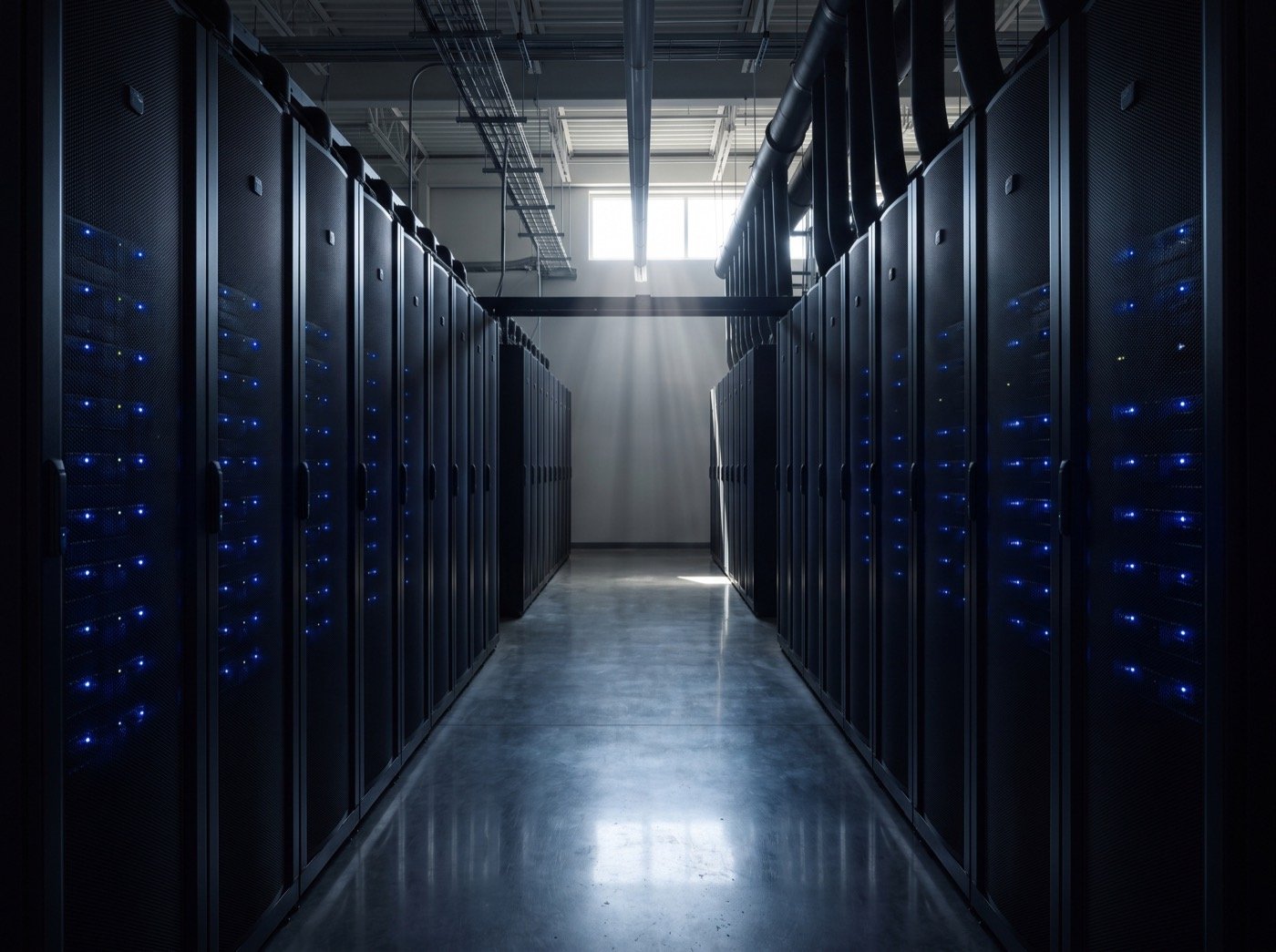 Long aisle of dark server racks lit by blue status lights