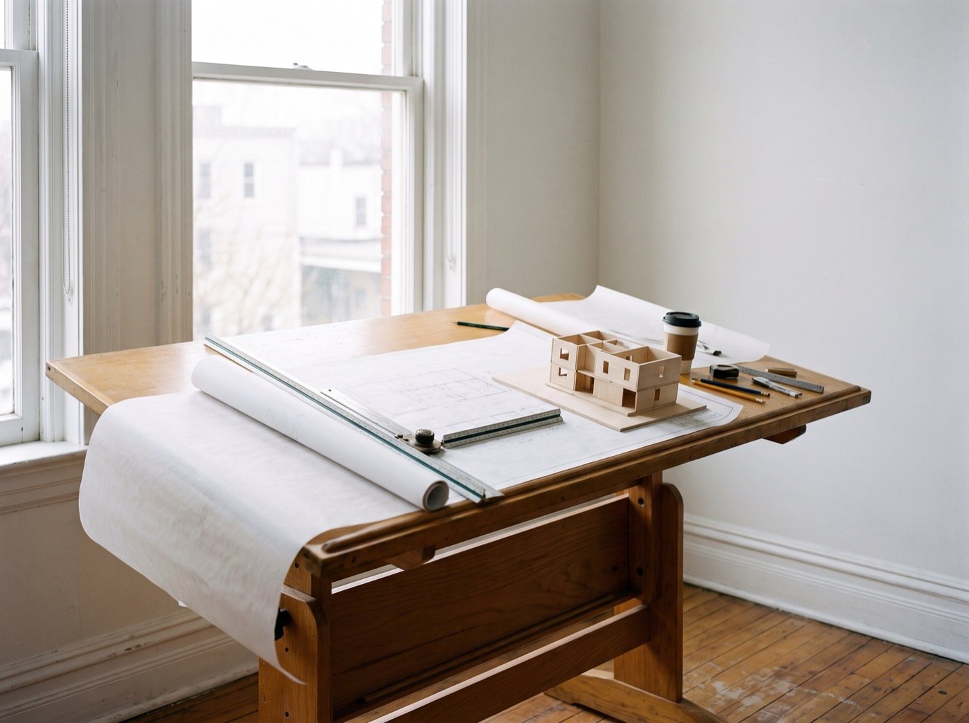 Blueprints, scale ruler and wooden building model on a drafting table