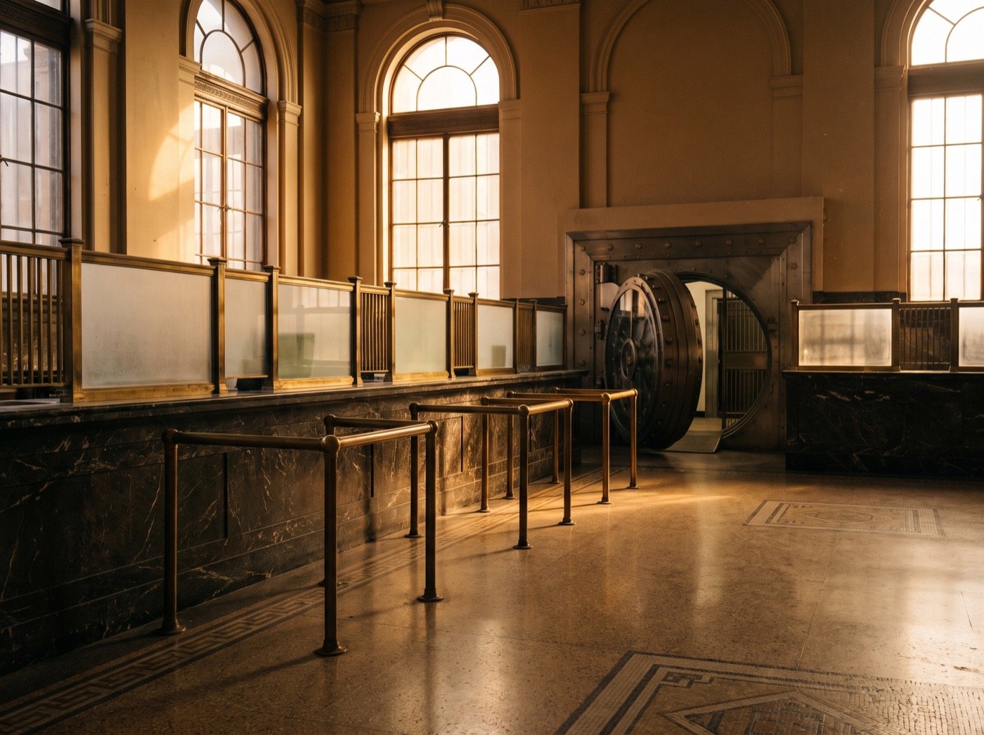 Marble teller counter and open vault door in an empty bank hall