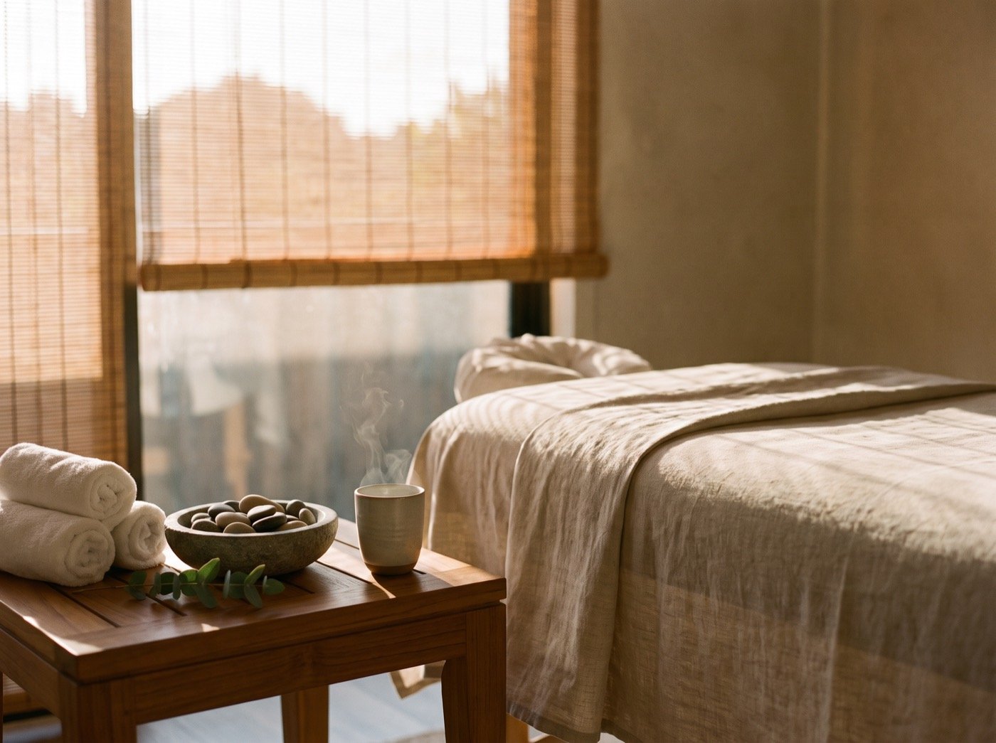 Massage table, rolled towels and eucalyptus in a sunlit spa room