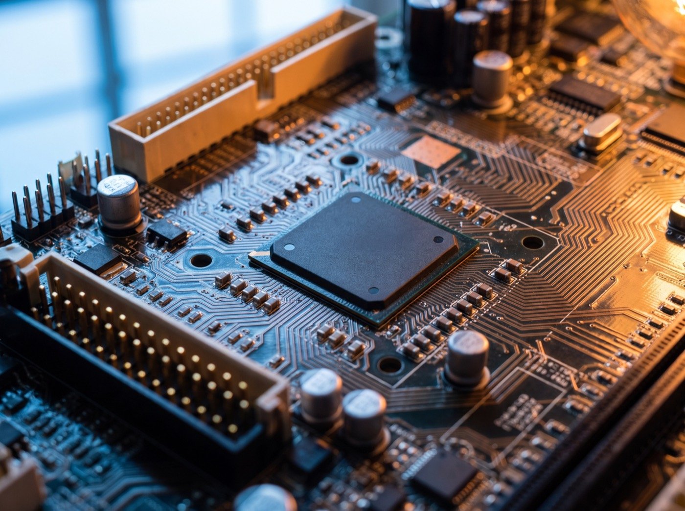 Macro view of copper traces and a processor on a circuit board