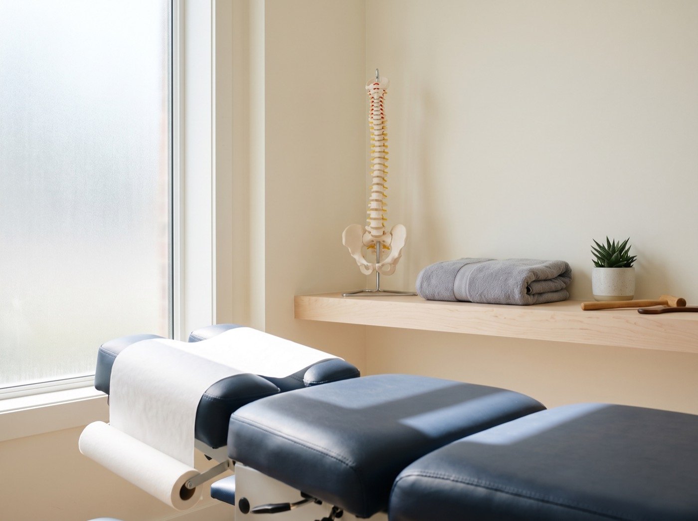 Adjustment table and a spine model in a bright treatment room