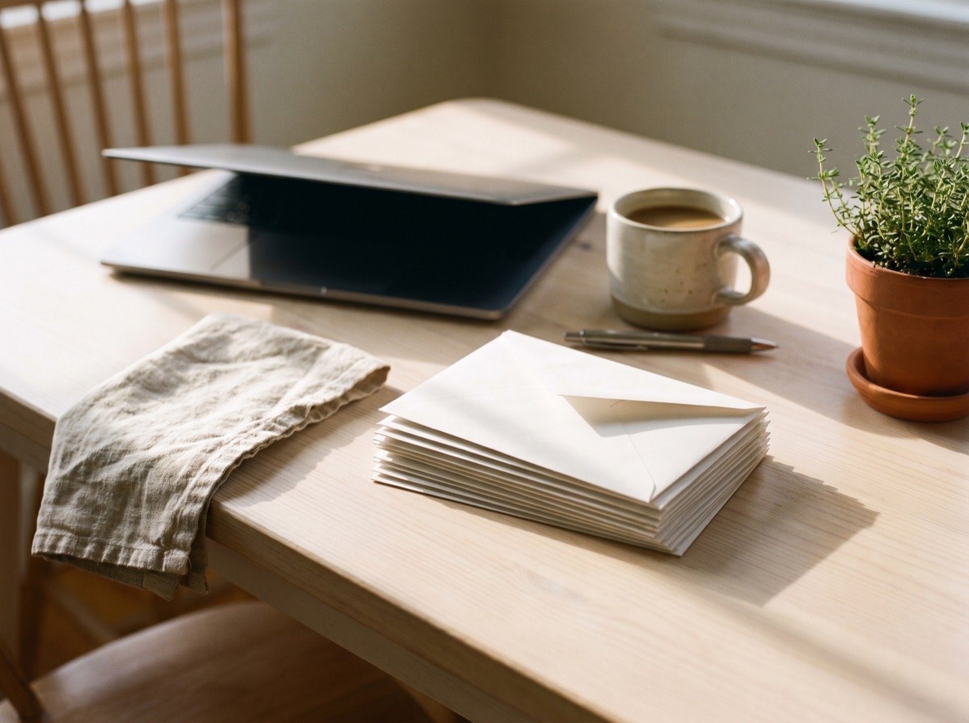 Stack of opened envelopes and a coffee mug on a kitchen table