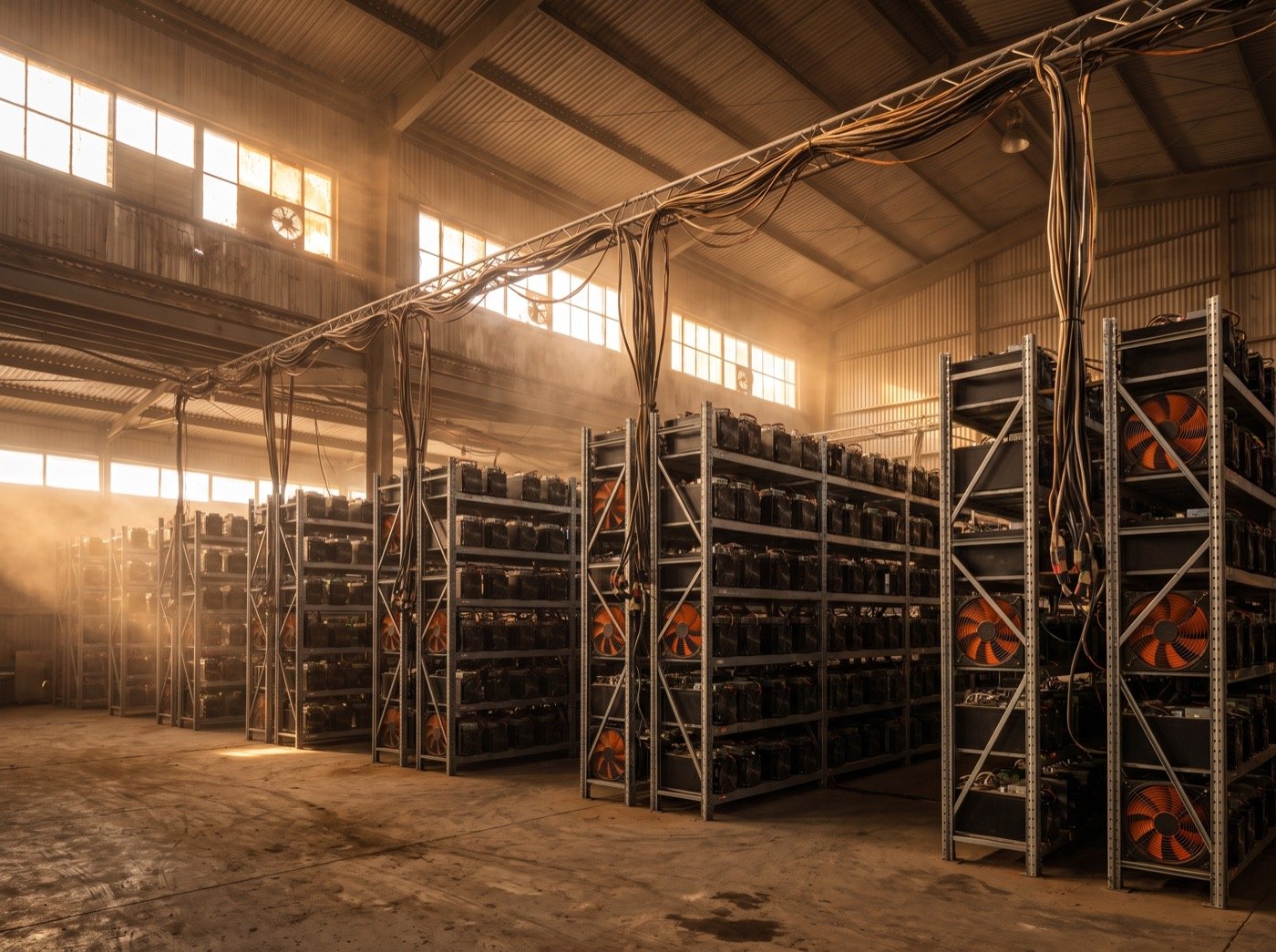 Shelves of mining rigs with orange cooling fans in a warehouse