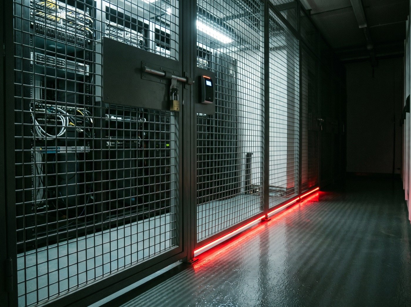 Locked steel mesh cage door and keycard reader in a server corridor