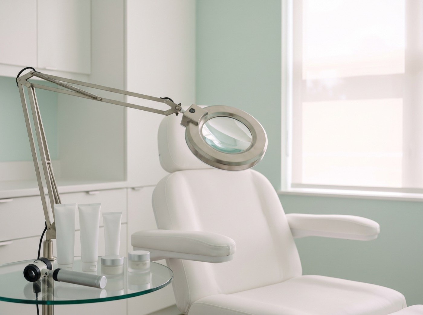 Magnifying lamp over a white chair in a skin clinic room