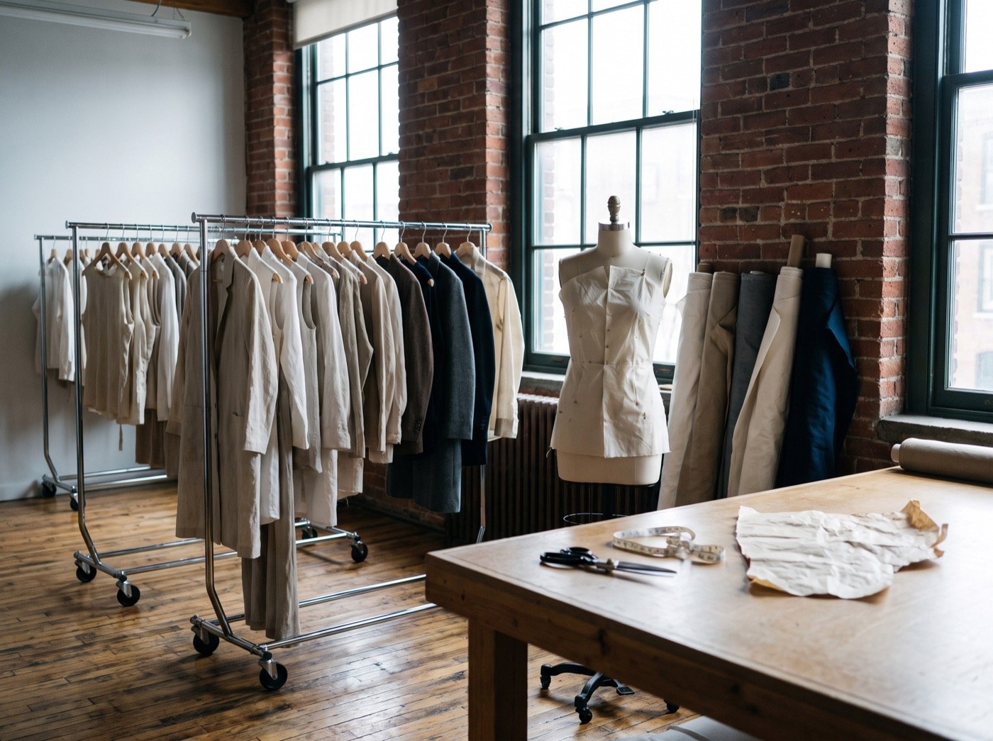 Dress form, fabric bolts and garment racks in a loft atelier