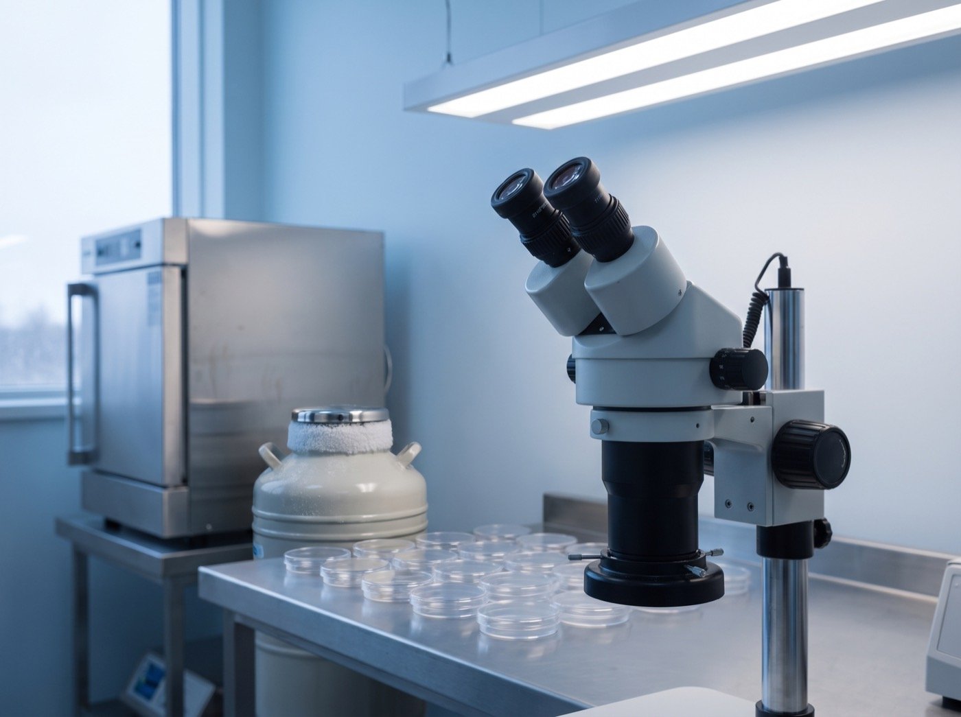 Microscope, petri dishes and a nitrogen dewar on a lab bench