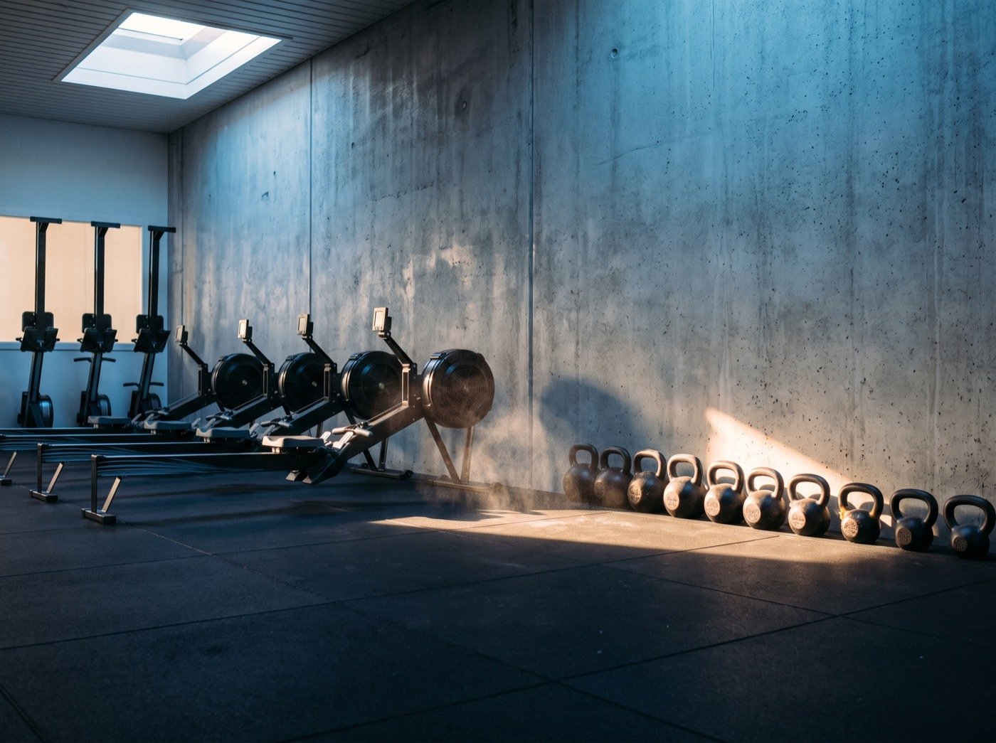 Rowing machines and kettlebells in an empty studio at dawn