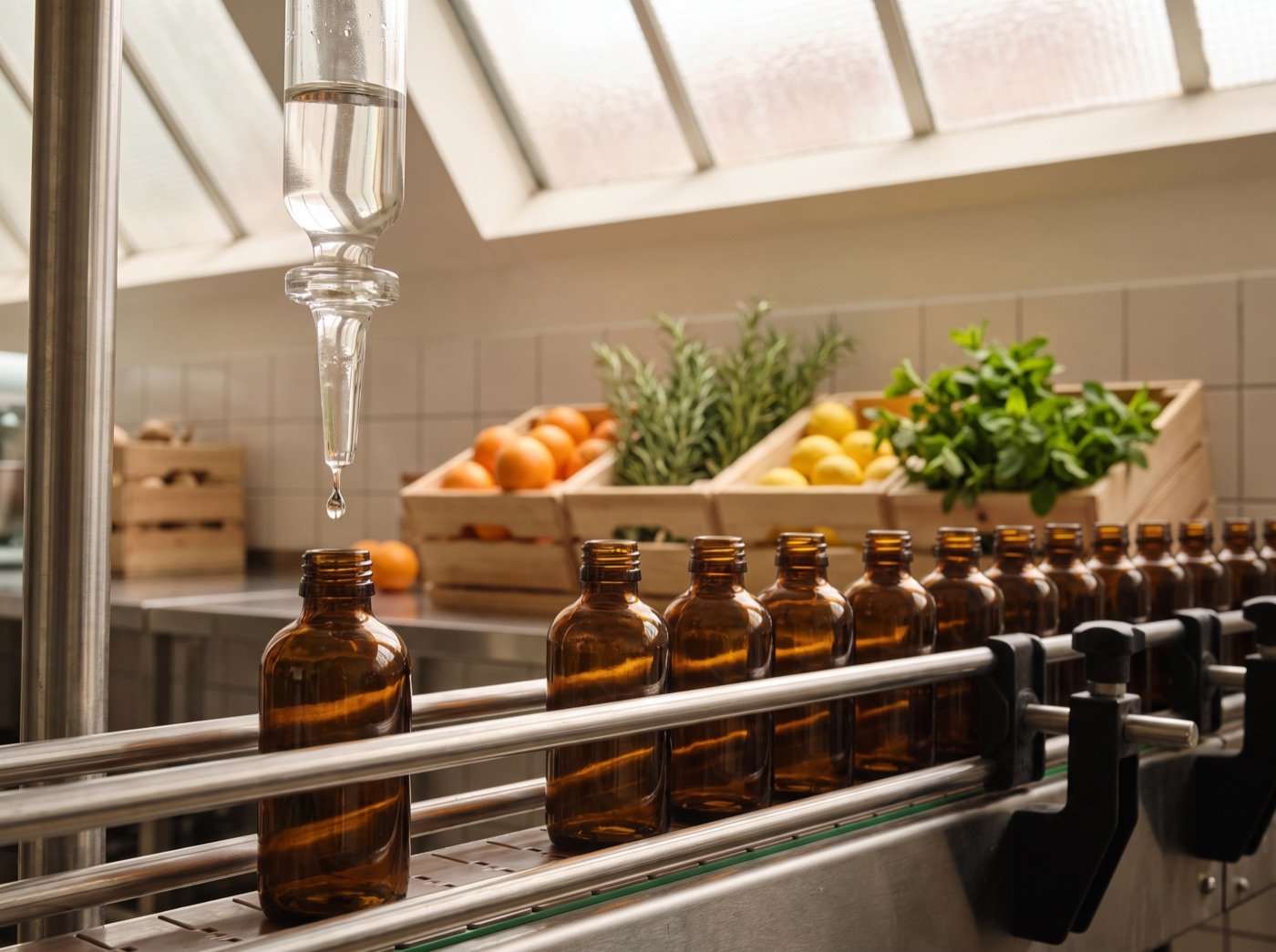 Unlabelled amber bottles on a stainless conveyor in a production kitchen