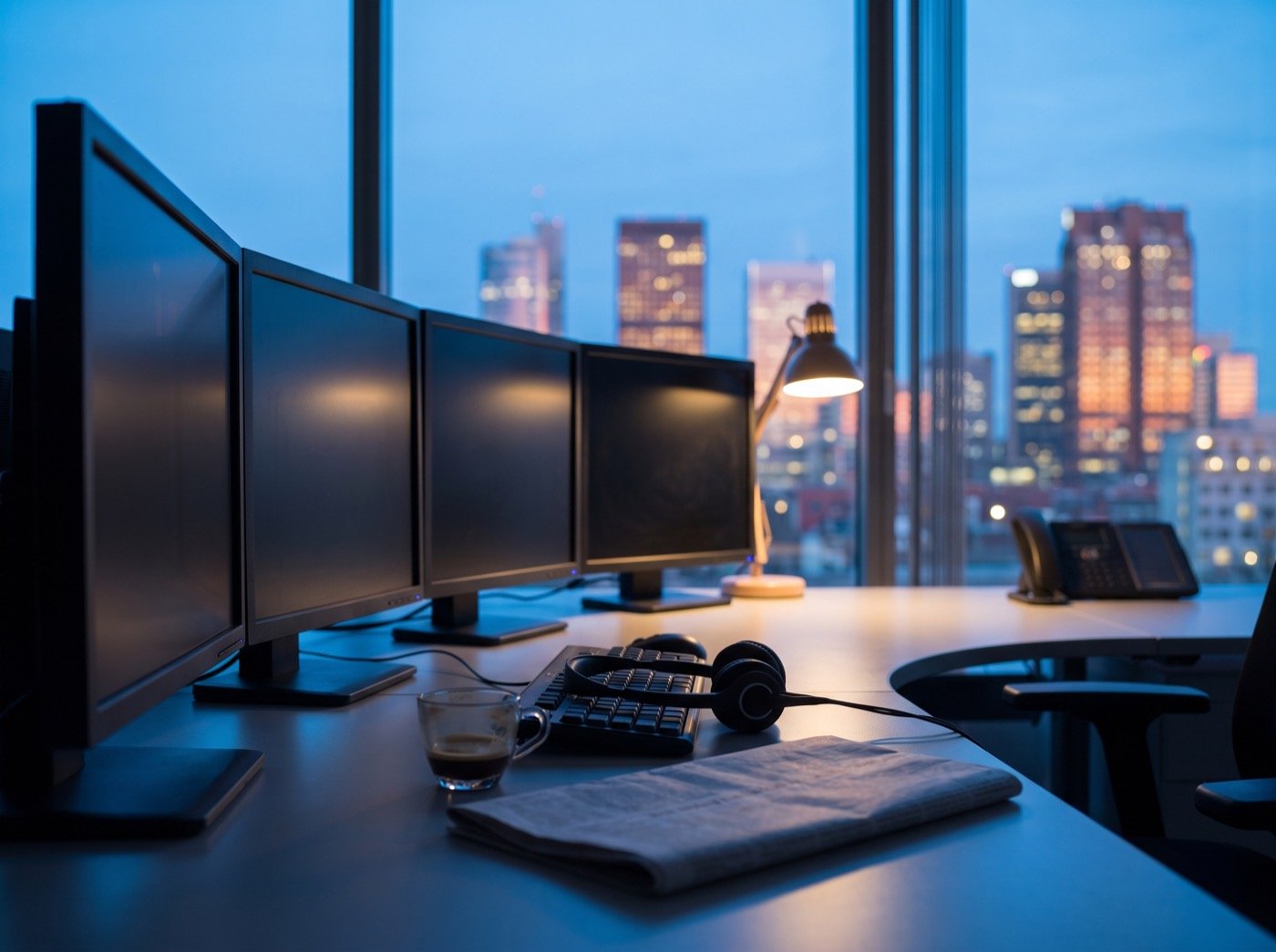 Dark monitors and a headset on a trading desk at dusk