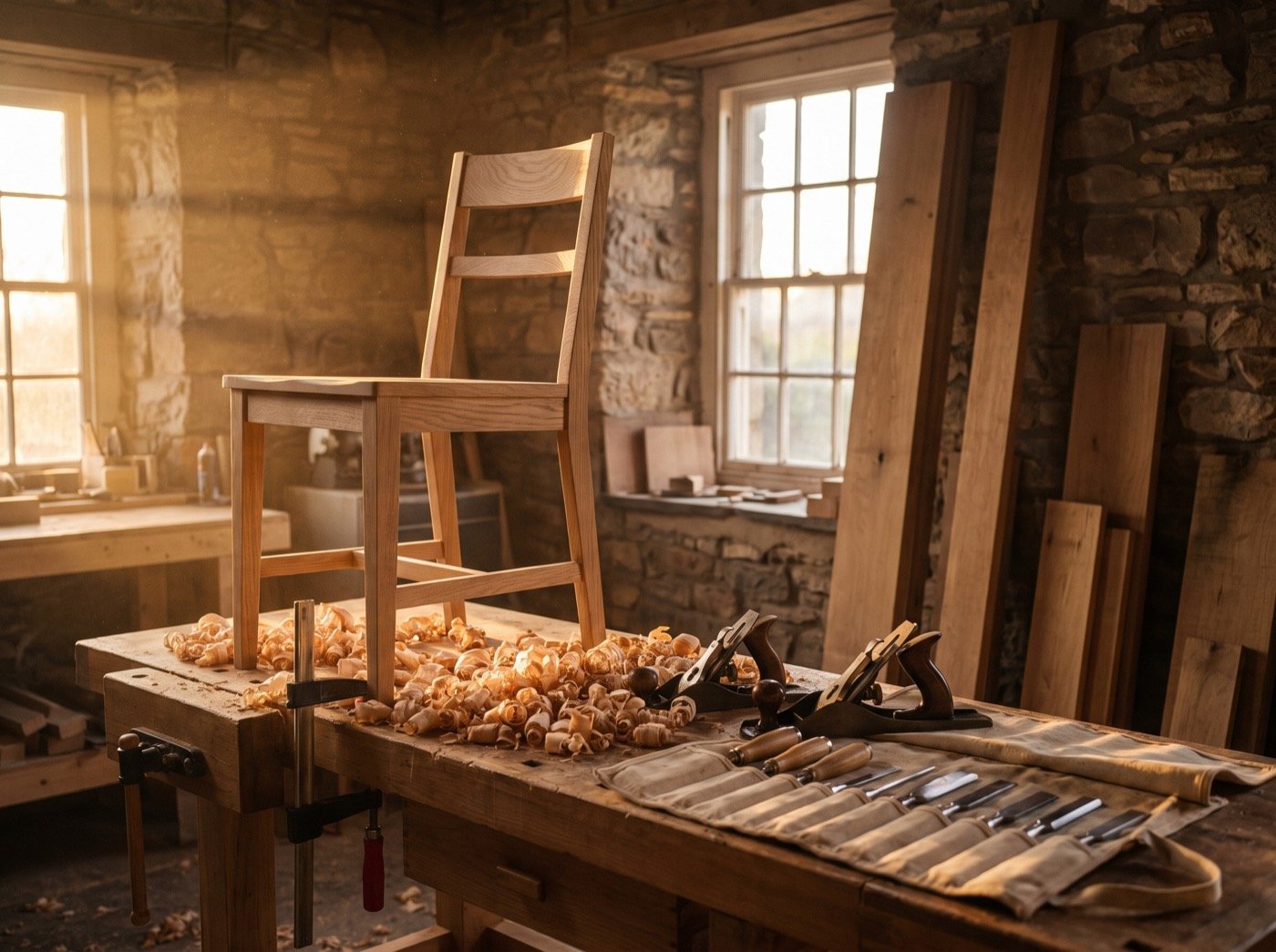 Half-finished oak chair and hand tools on a workshop bench