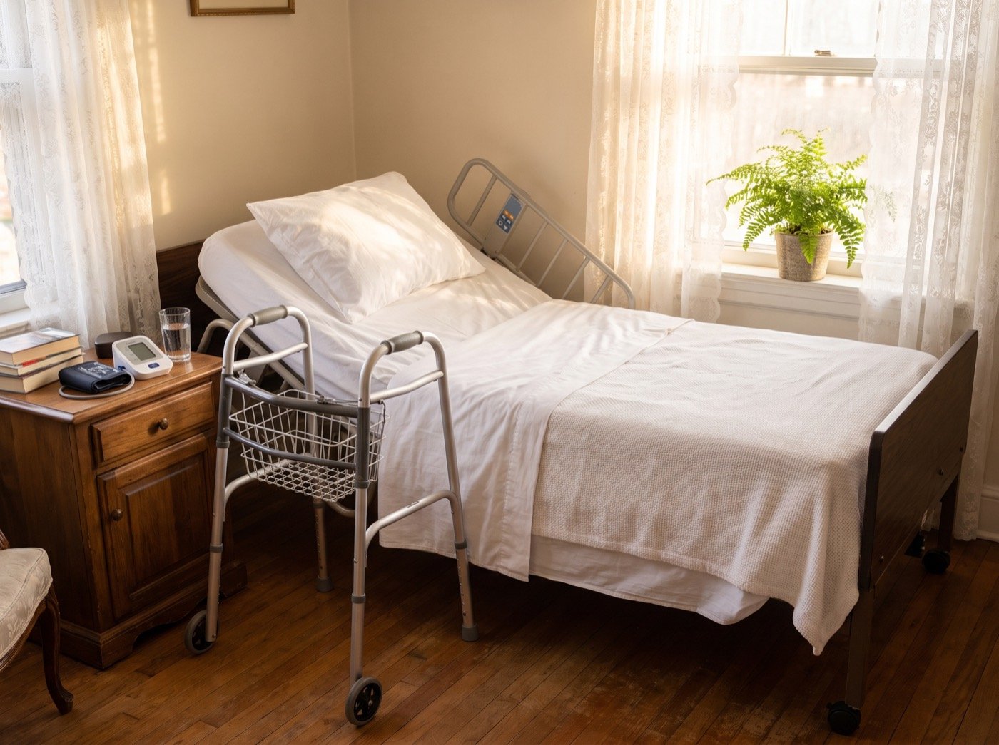 Adjustable bed, walker and nightstand in a sunlit bedroom