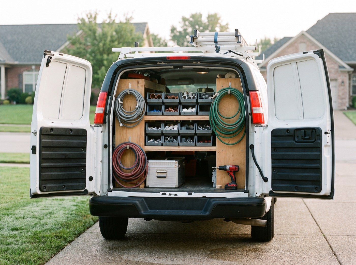 Open work van with organised tool shelves on a driveway