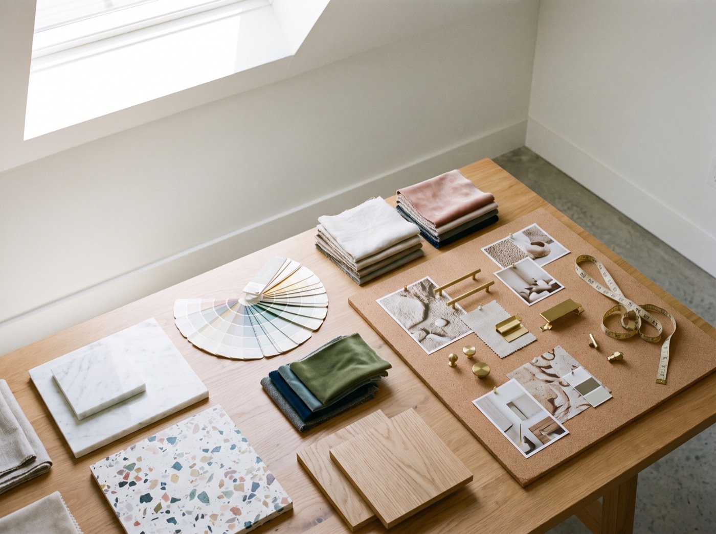 Paint chips, fabric swatches and stone samples on a design table