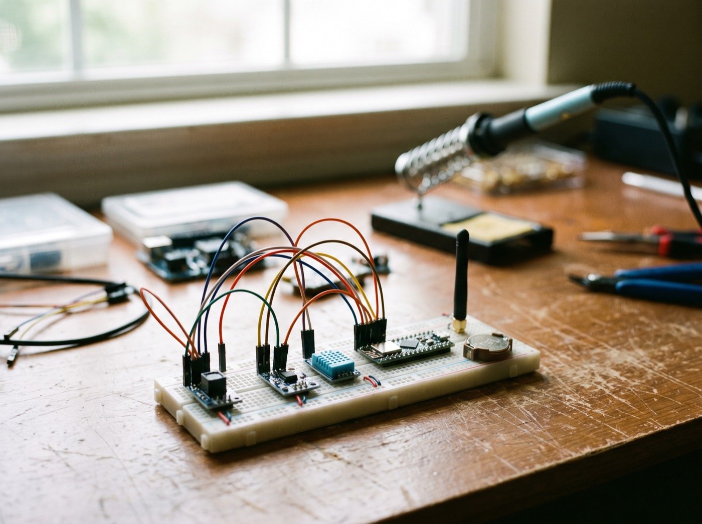 Sensor boards and breadboards wired with colourful jumper leads