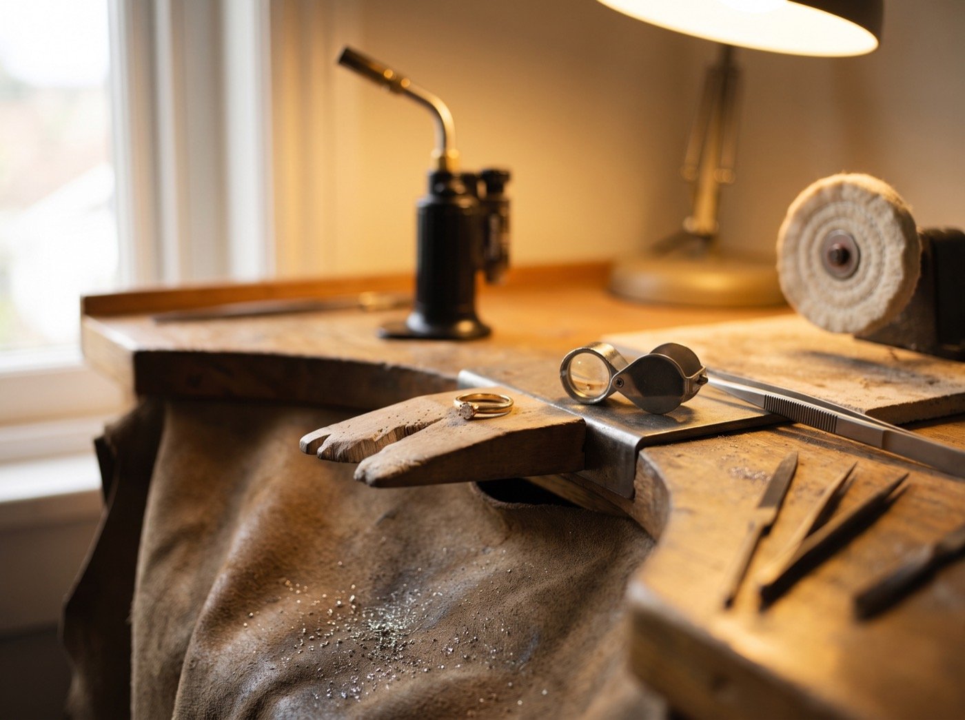 Gold ring, loupe and files on a jeweller's workbench