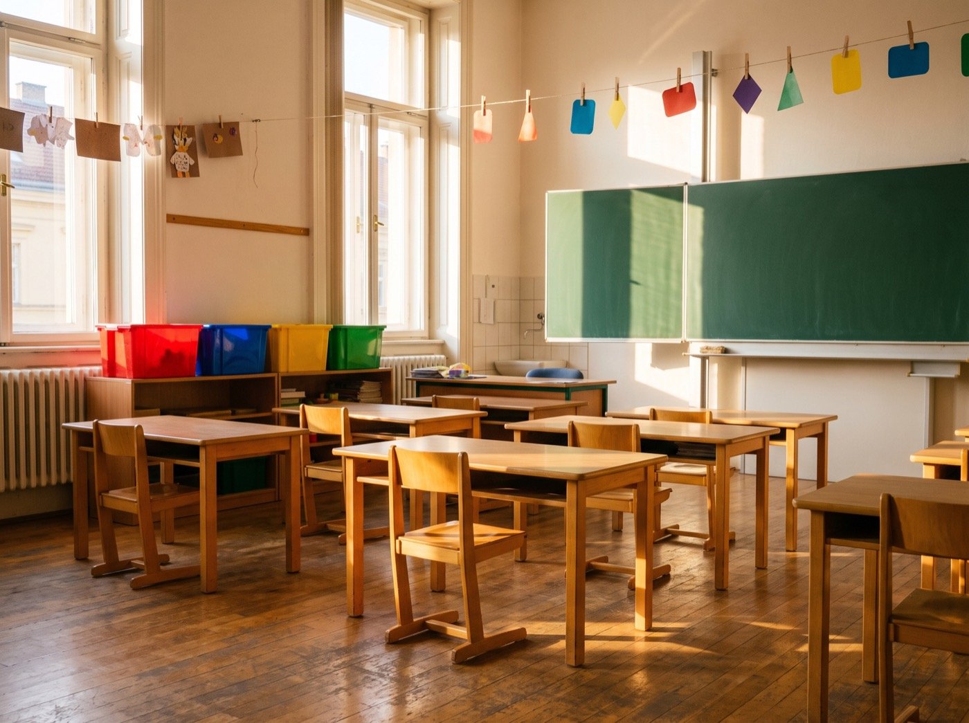 Rows of small desks and a blank chalkboard in a sunny classroom