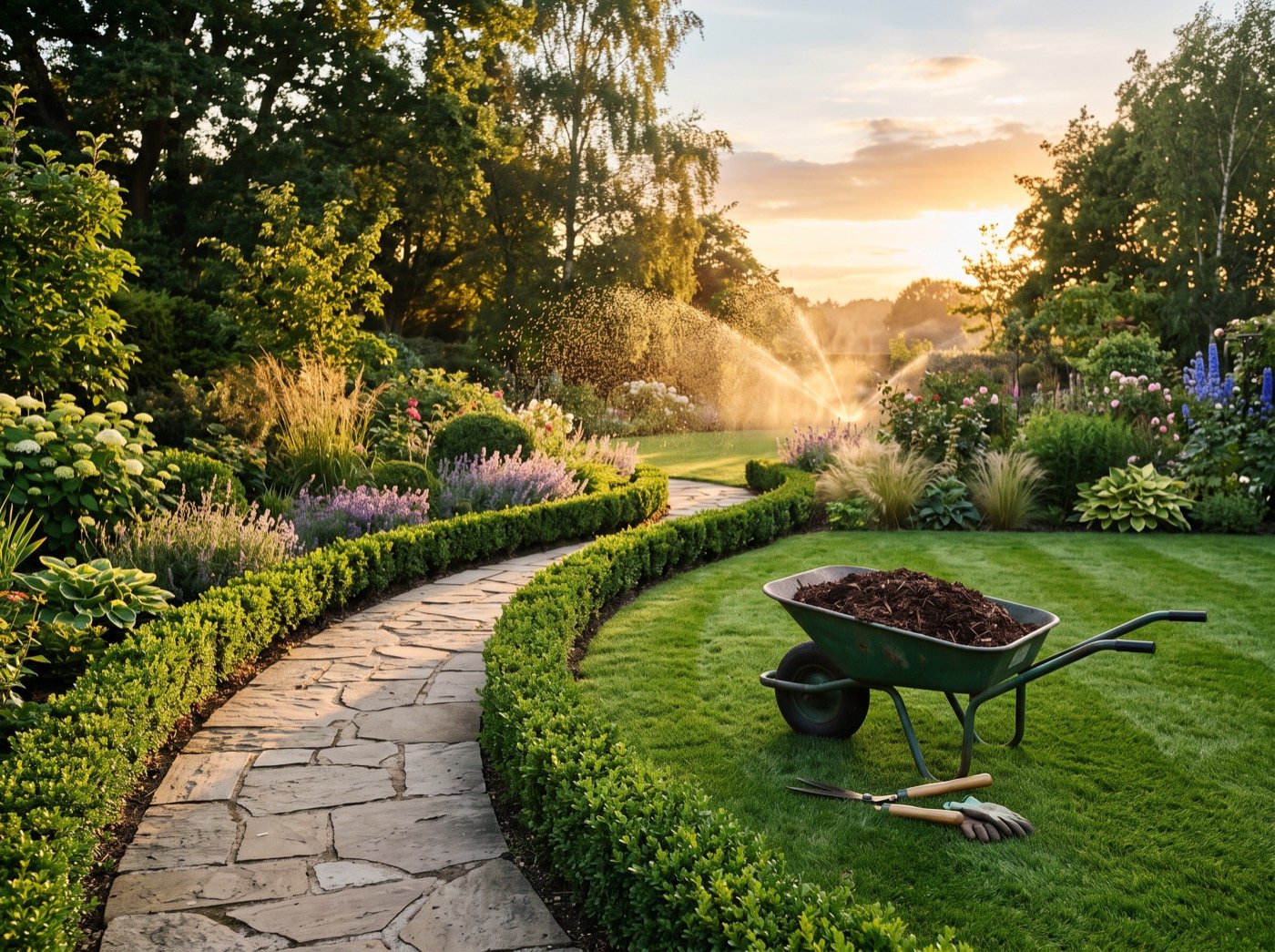 Stone path, clipped hedges and a wheelbarrow in evening sun
