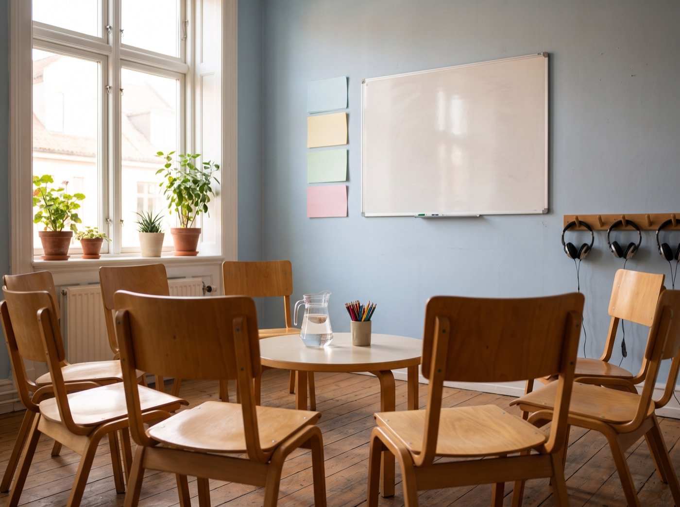 Horseshoe of chairs and blank flashcards in a small classroom