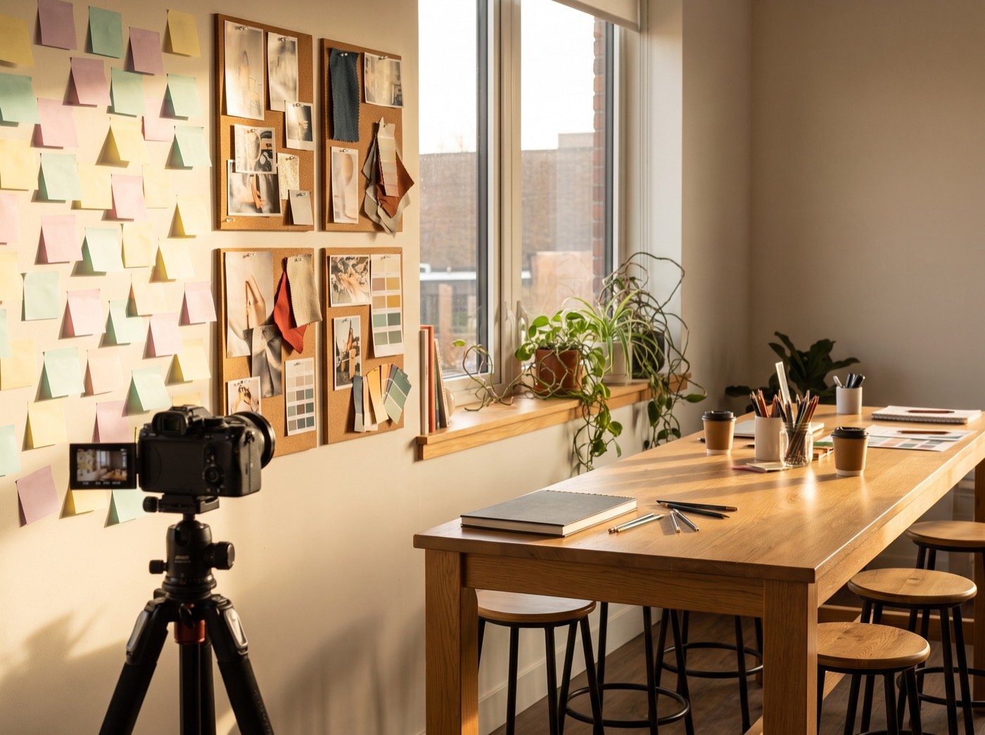 Sticky-note wall, mood boards and a camera in a studio