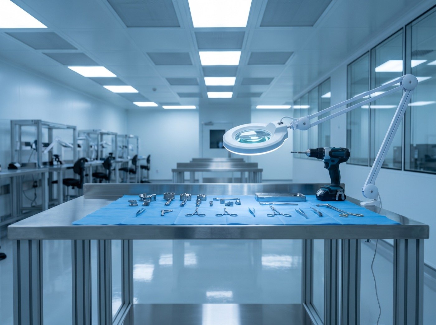 Titanium components and instruments on a cleanroom bench