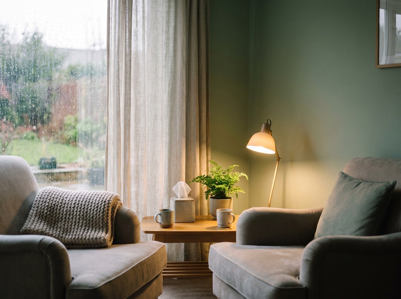 Two armchairs and a lamp in a quiet counselling room