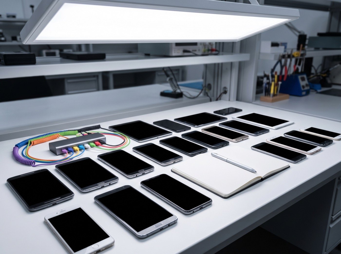 Assorted phones and tablets with dark screens on a white table