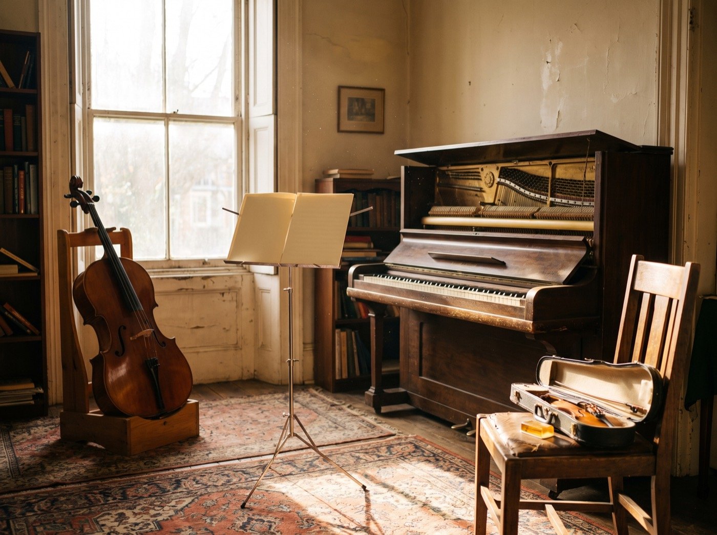 Upright piano, cello and music stand in a sunlit practice room