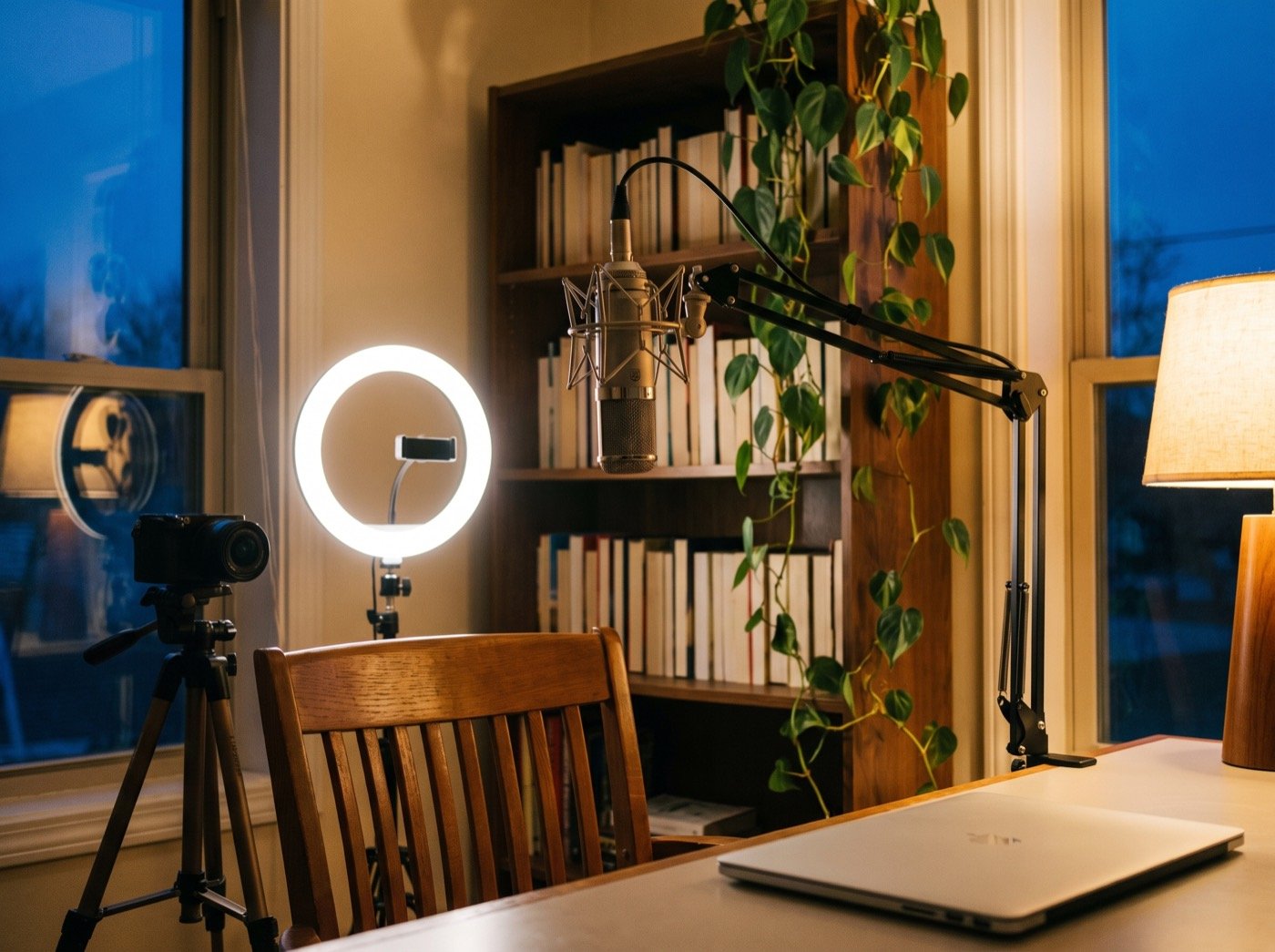 Microphone, ring light and camera set up in a home studio