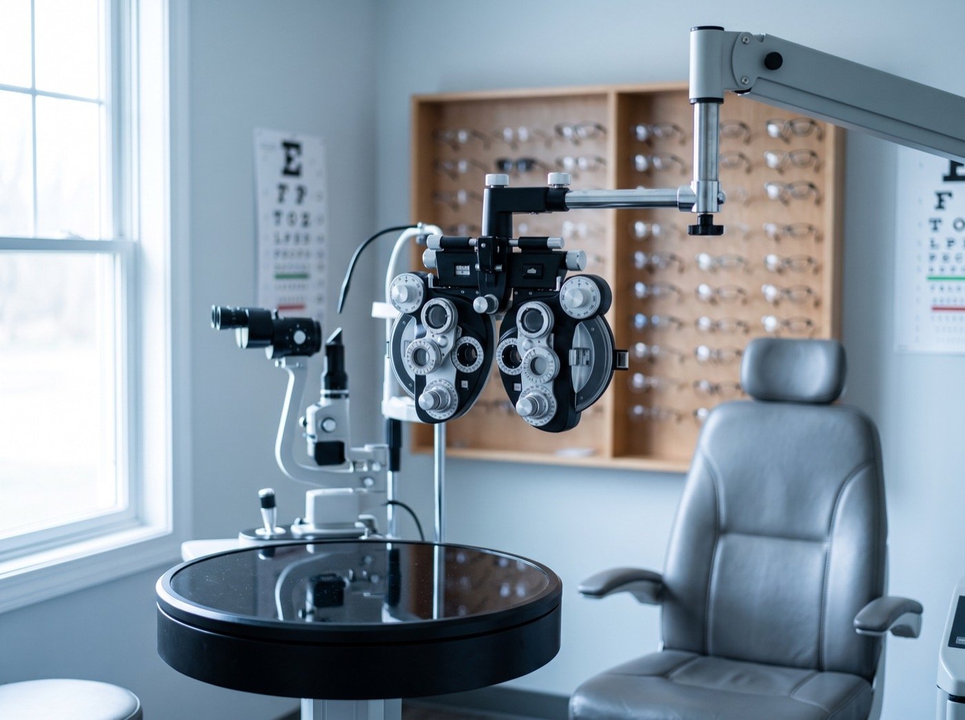 Phoropter and slit lamp beside an examination chair
