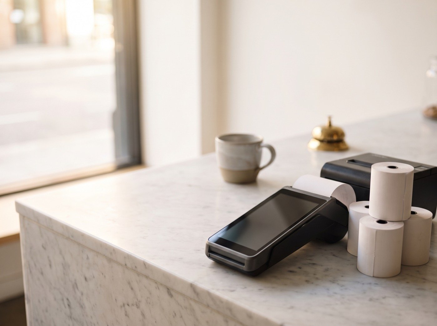 Card terminal and receipt printer on a marble cafe counter