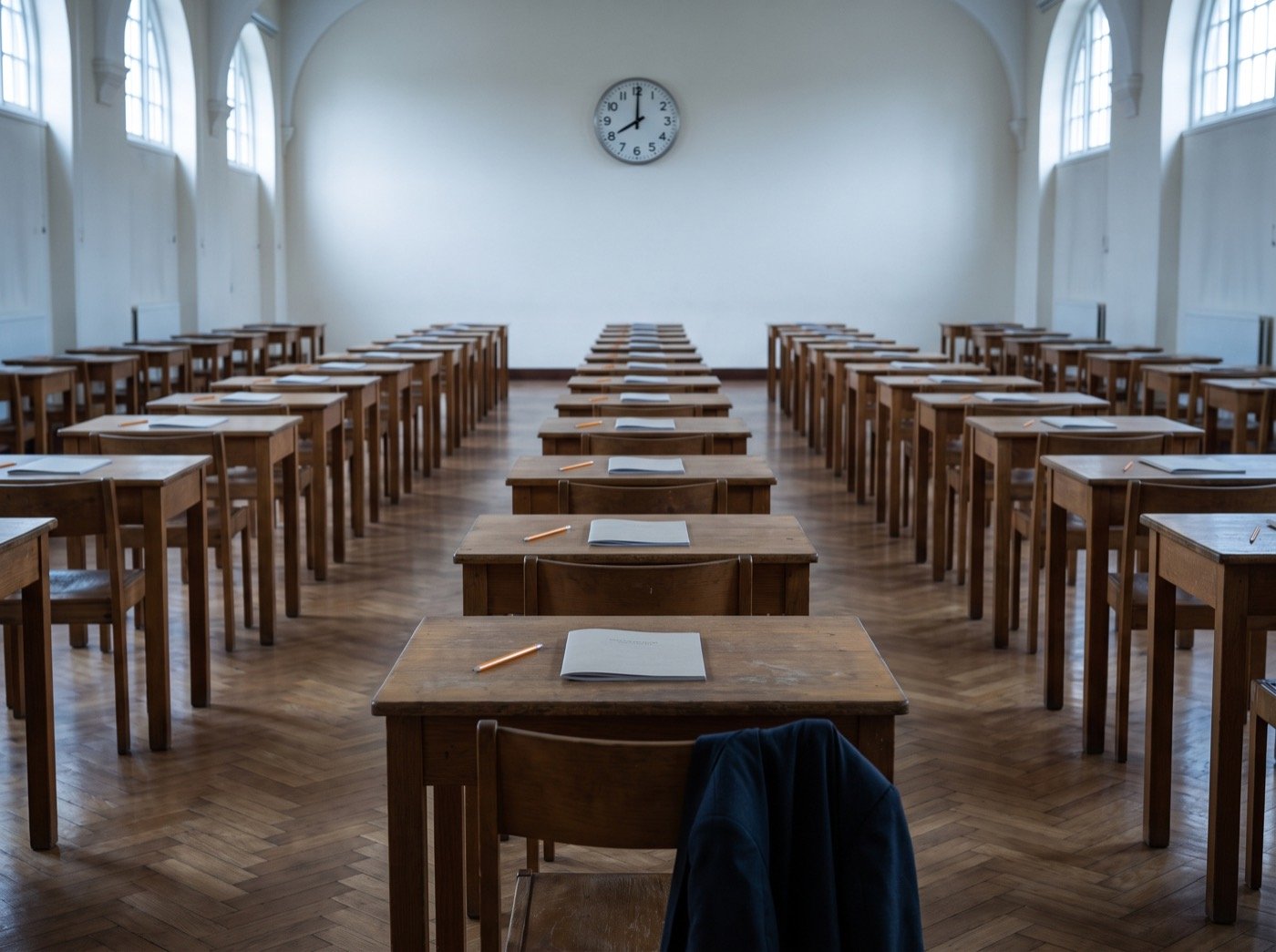 Rows of exam desks with pencils in an empty hall