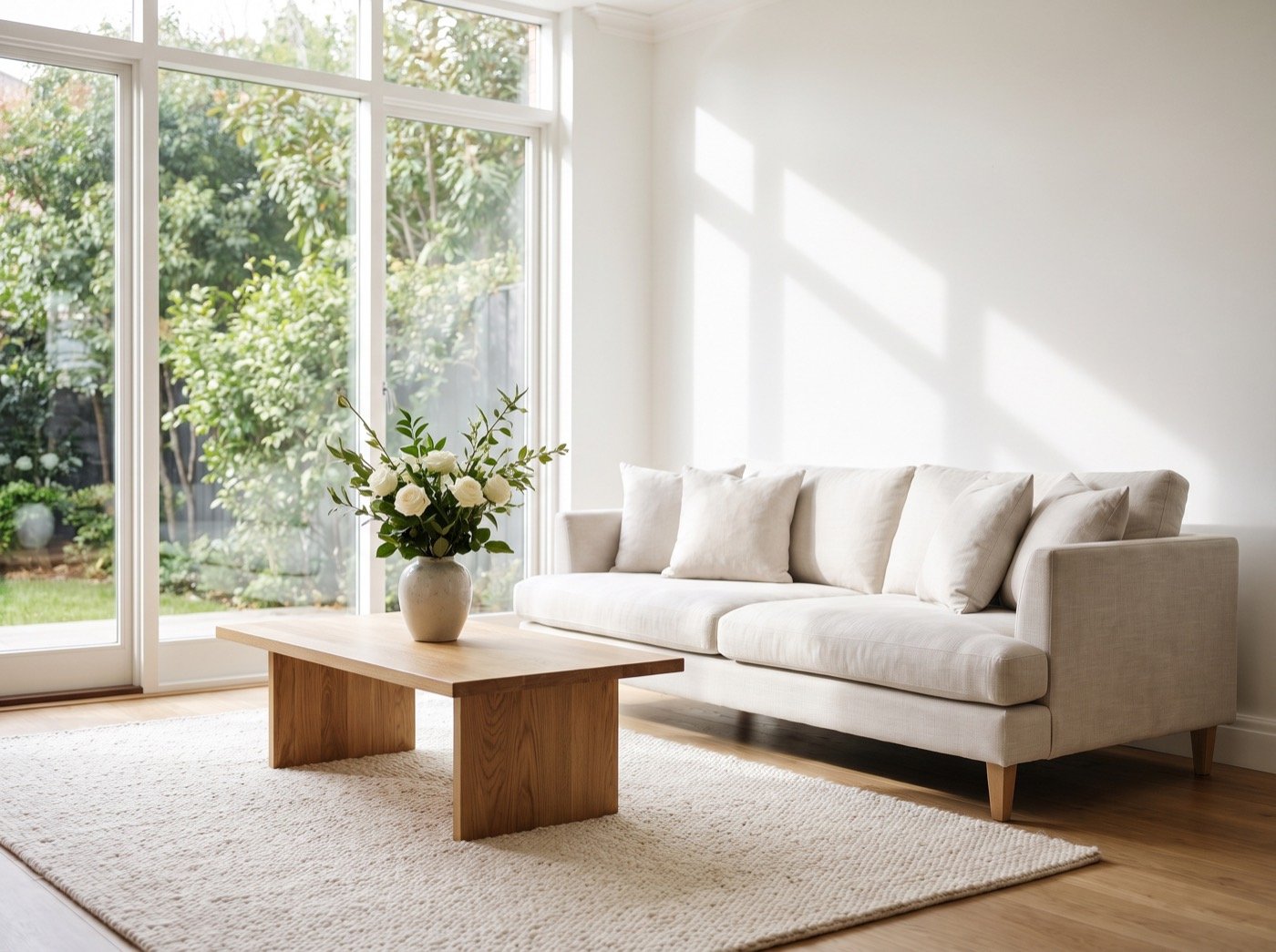 Staged living room with a linen sofa and a garden view