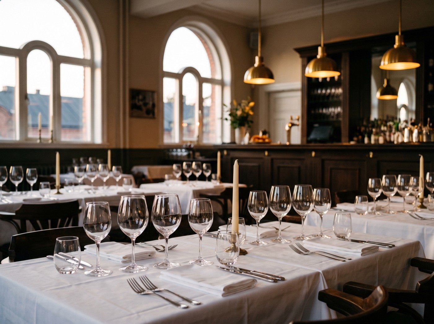 Set dining tables and brass pendant lamps before evening service