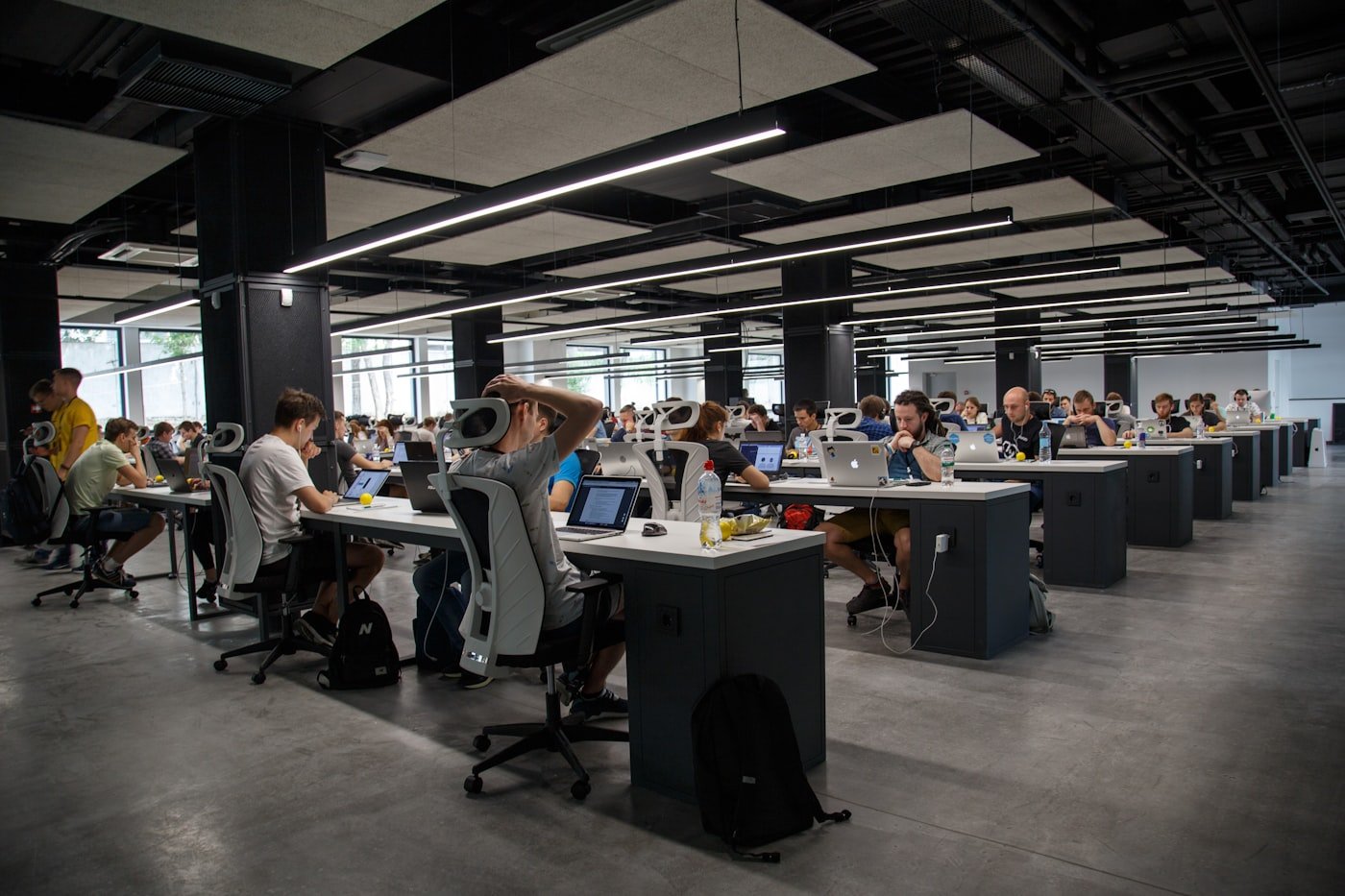 People working at laptops in an open-plan software office