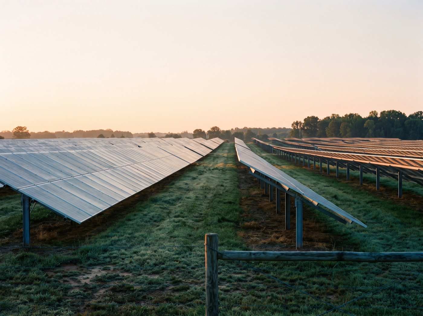 Rows of solar panels in a farm field at sunrise