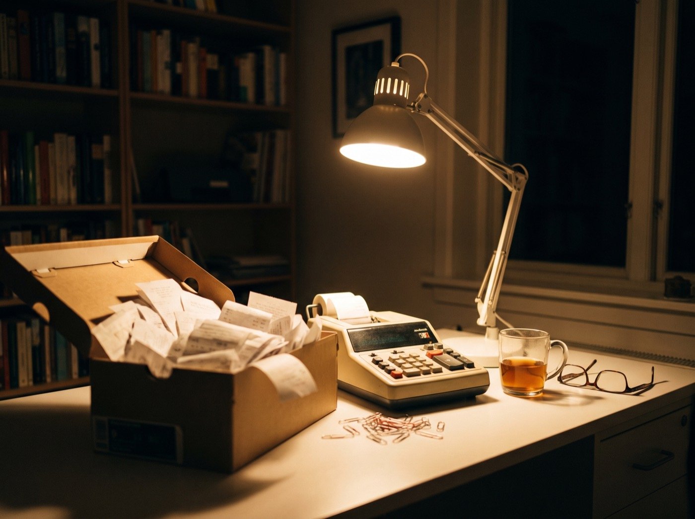 Shoebox of receipts and an adding machine under a desk lamp