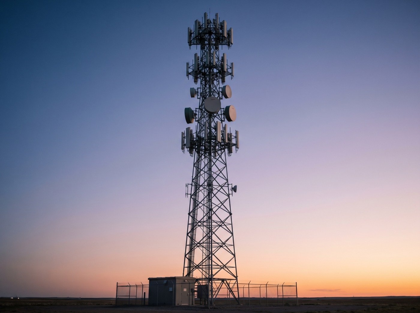 Telecom tower with antenna panels against a dawn sky
