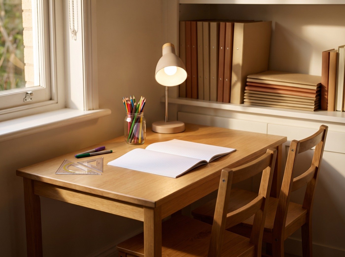 Exercise book, pencils and a lamp on a small tutoring table