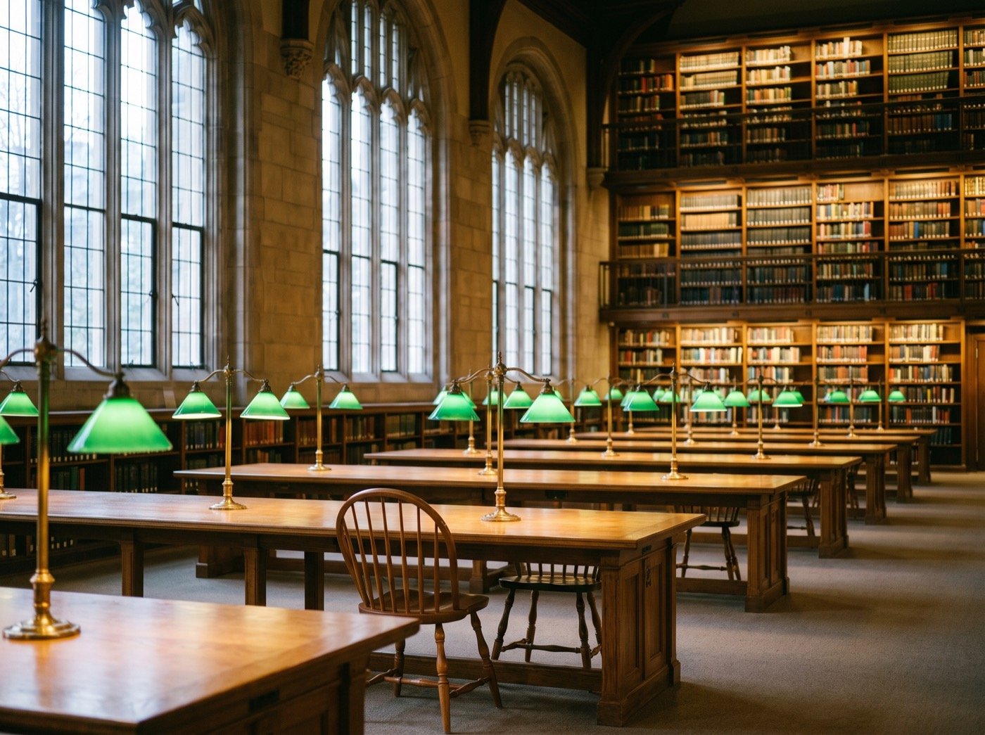 Long tables with green lamps in a vaulted library reading room