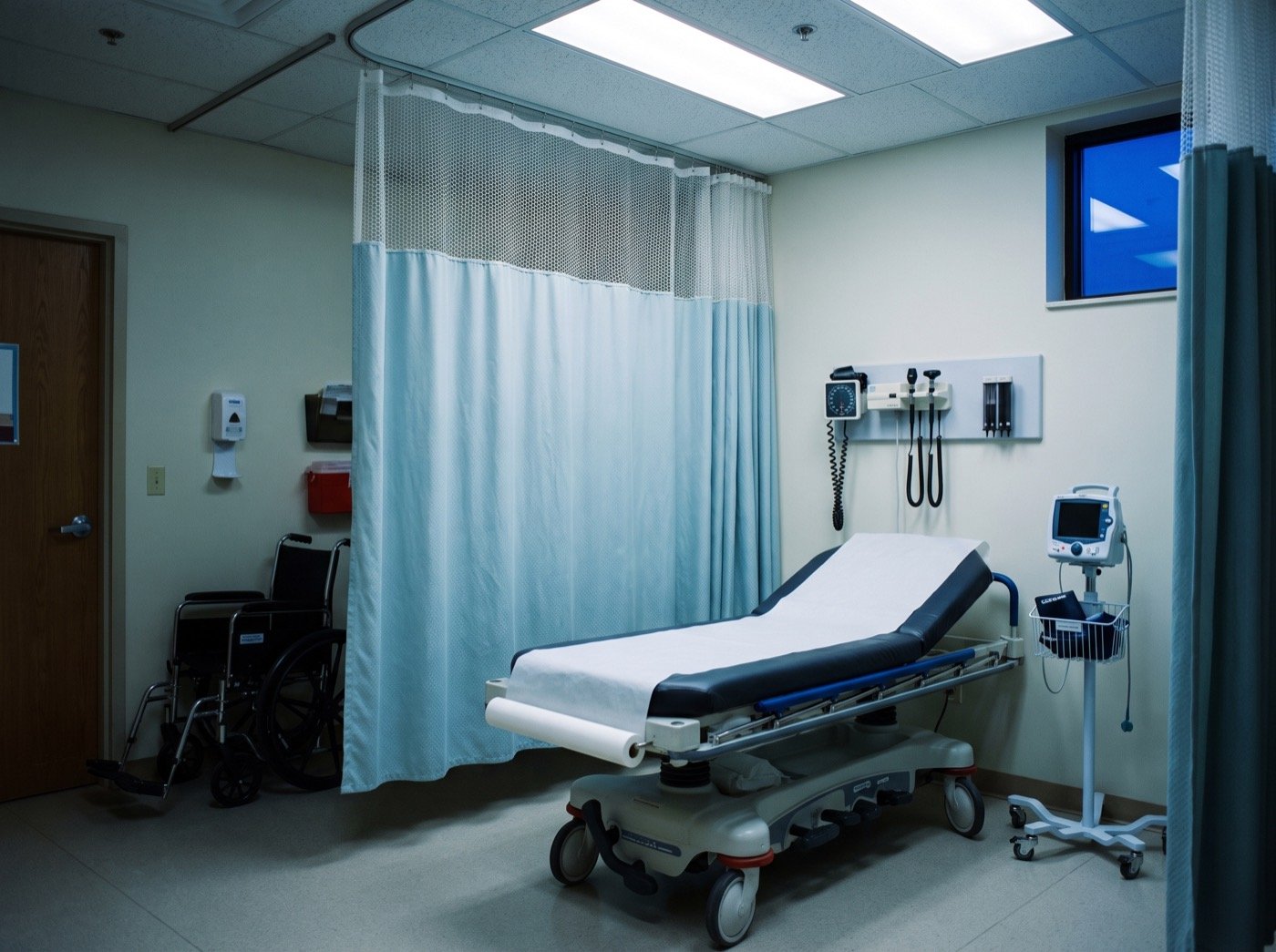 Gurney, privacy curtain and monitor in an exam bay