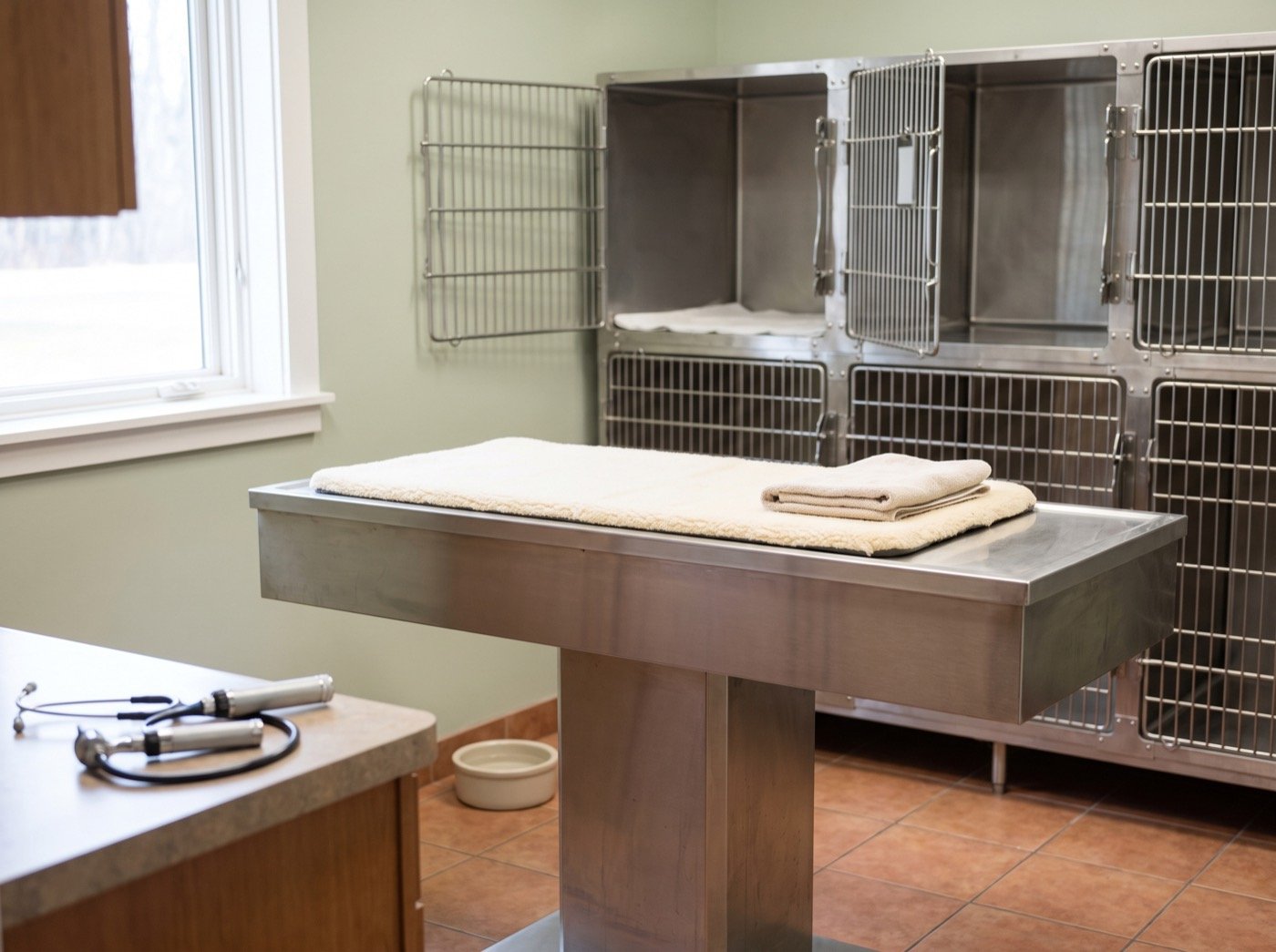 Steel exam table and kennel cages in a veterinary room