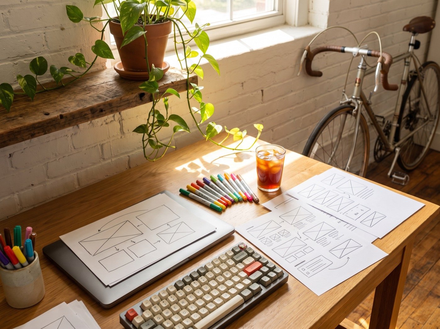 Paper wireframe sketches and a laptop on a sunlit studio desk