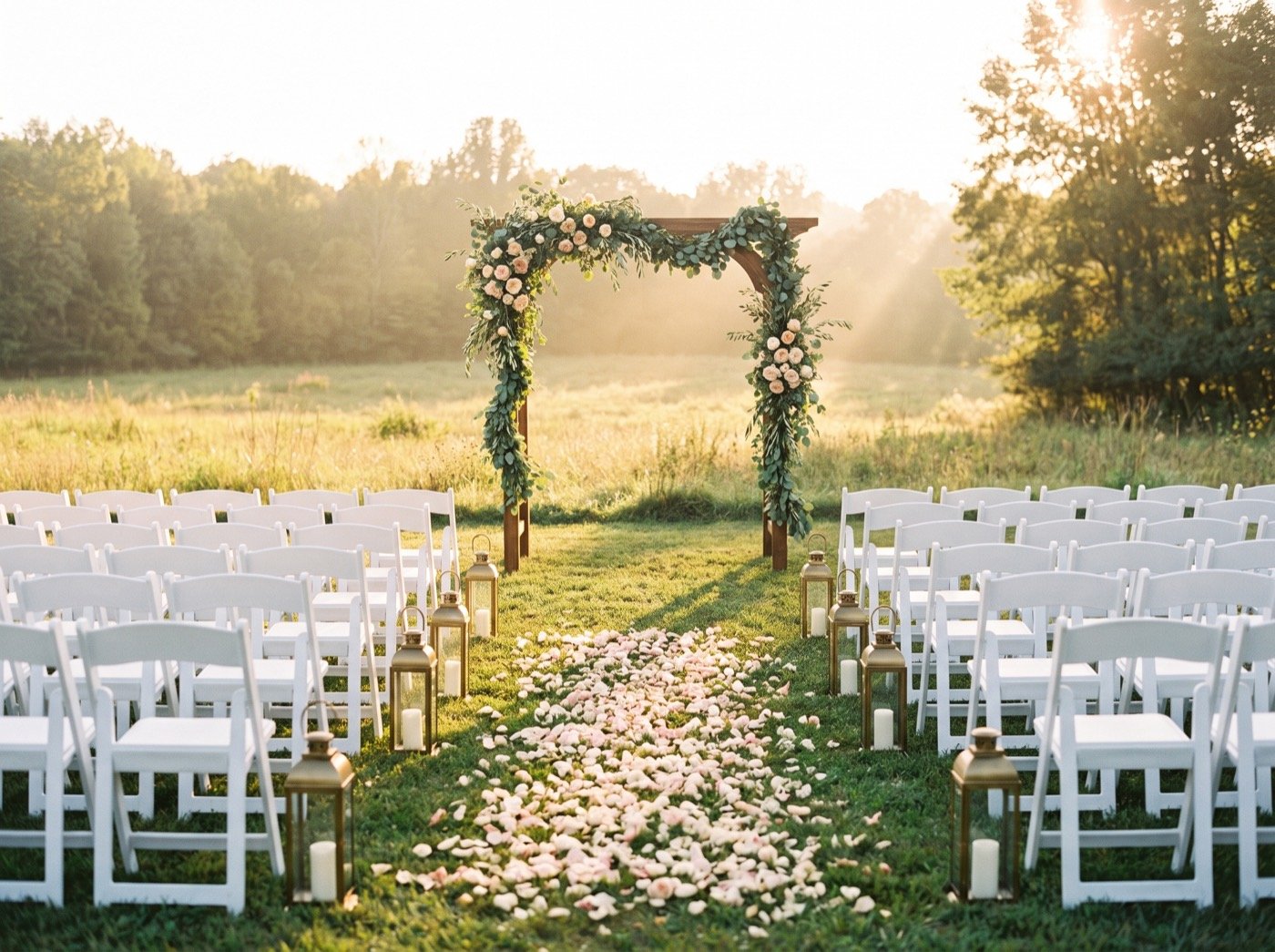 Rows of white chairs and a floral arch before a wedding