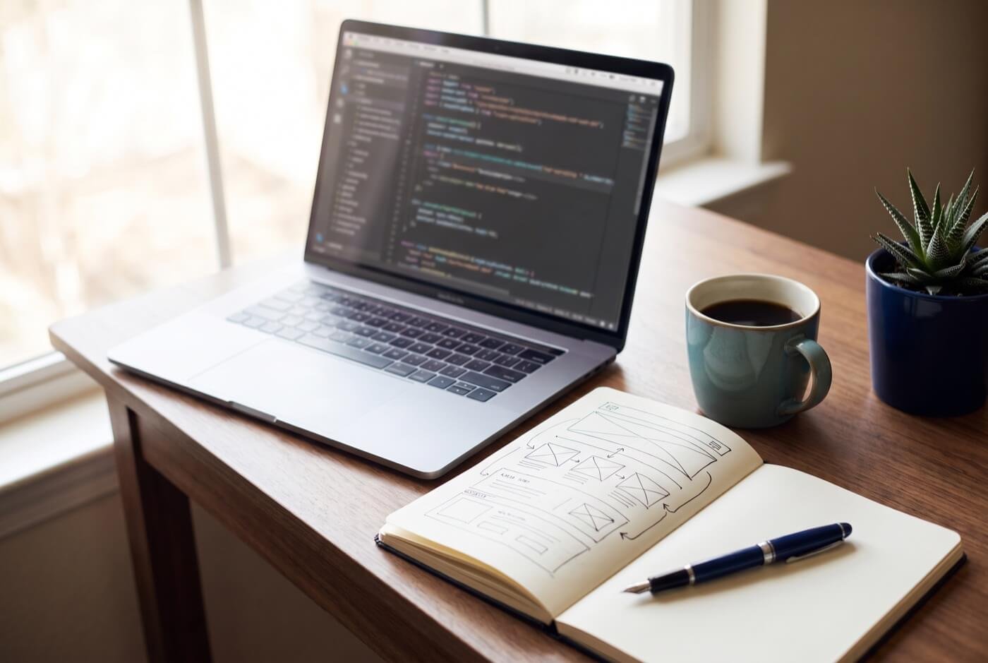 A remote strategist's desk with a laptop, a notebook of hand-drawn site structure sketches and a coffee in morning light