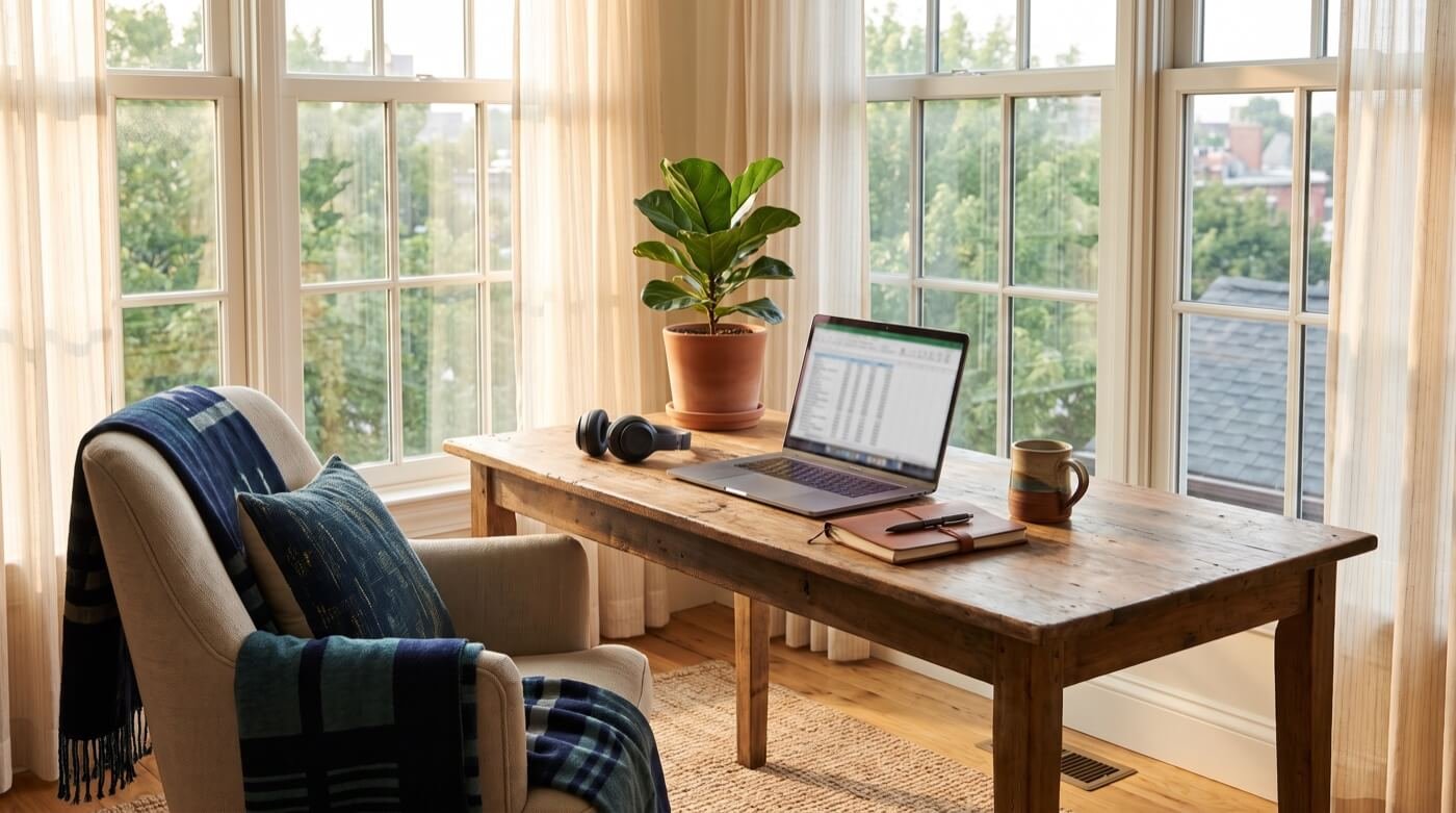 A quiet remote workspace by a window with a laptop, headphones, notebook and a plant
