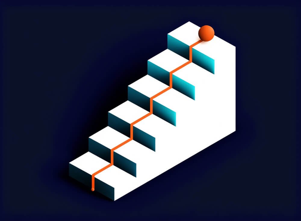 Illustration of an ascending staircase with a light trail marking verified, step-by-step growth