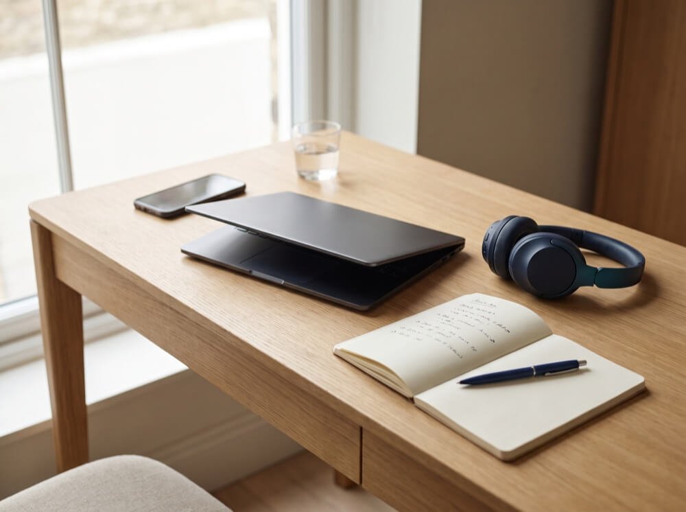 Laptop, phone, headphones and a handwritten notebook on a desk, ready for a strategy conversation